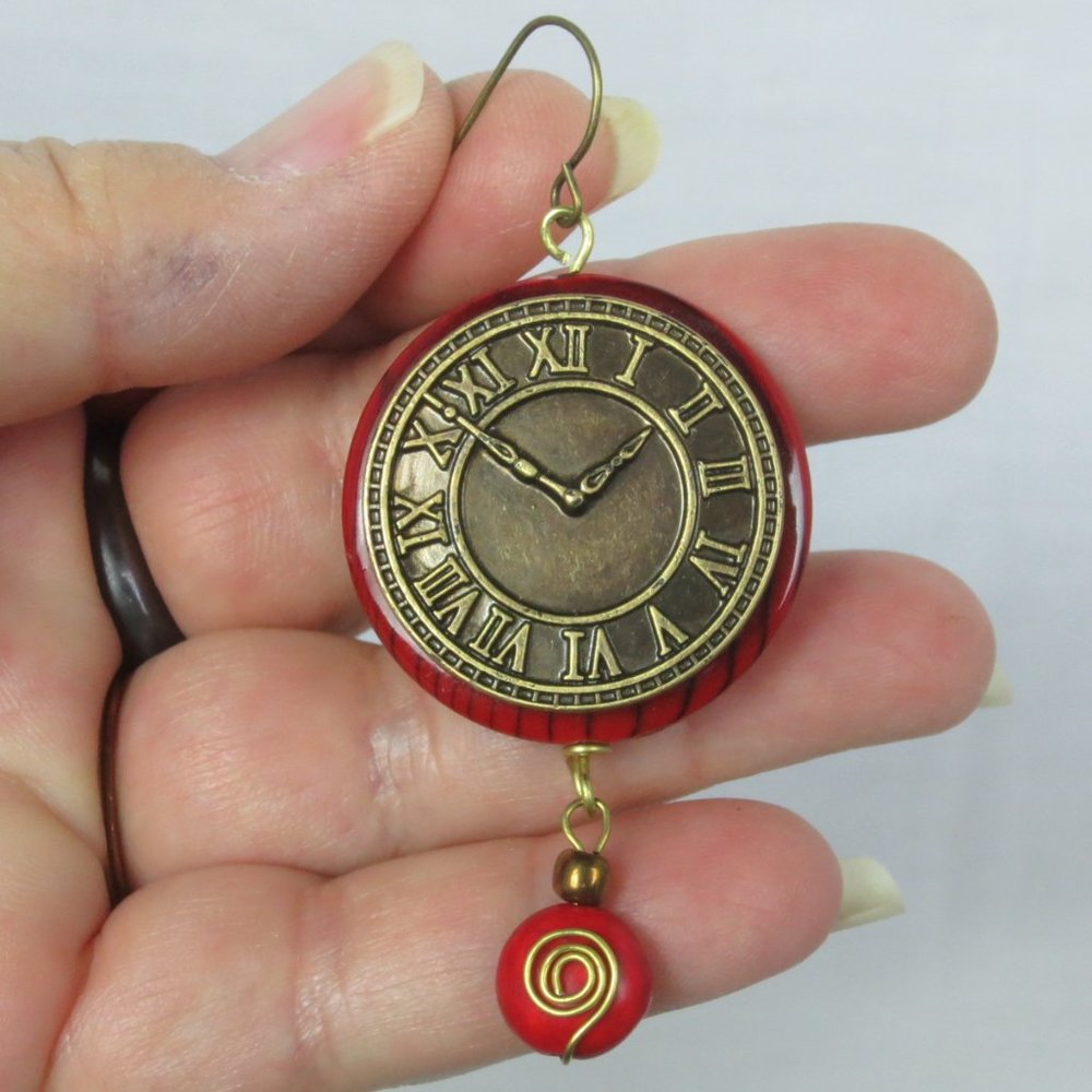 Handcrafted Earrings Pierced Steampunk Red Clock Lightweight Dangle Statement